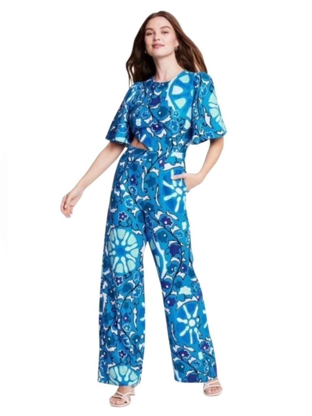 RHODE x Target Zinnia Large Floral Print Cutout Jumpsuit Puff Sleeve Blue S